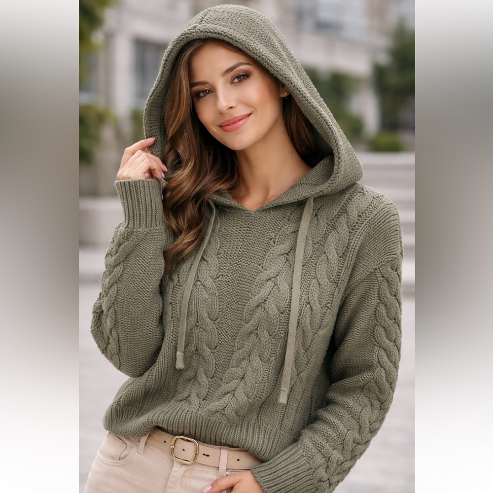 Aeropostale Cable Knit Hooded Sweater Top Size Large Olive Green Y2K 90’s Warm